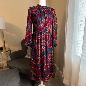 Julia Jordan Fall Floral Paisley Long Sleeve A-Line Midi Dress Teal Multi size 8